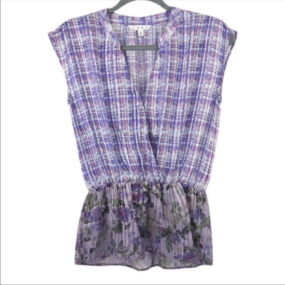 Cabi Eva Peplum Top Purple Floral & Plaid Print Size XS V Neck Pleated Style 731